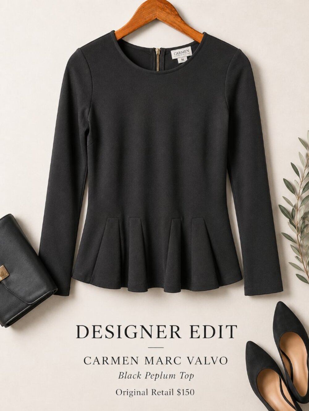 Carmen Marc Valvo Black Peplum Top Stretch Knit Long Sleeve Size M